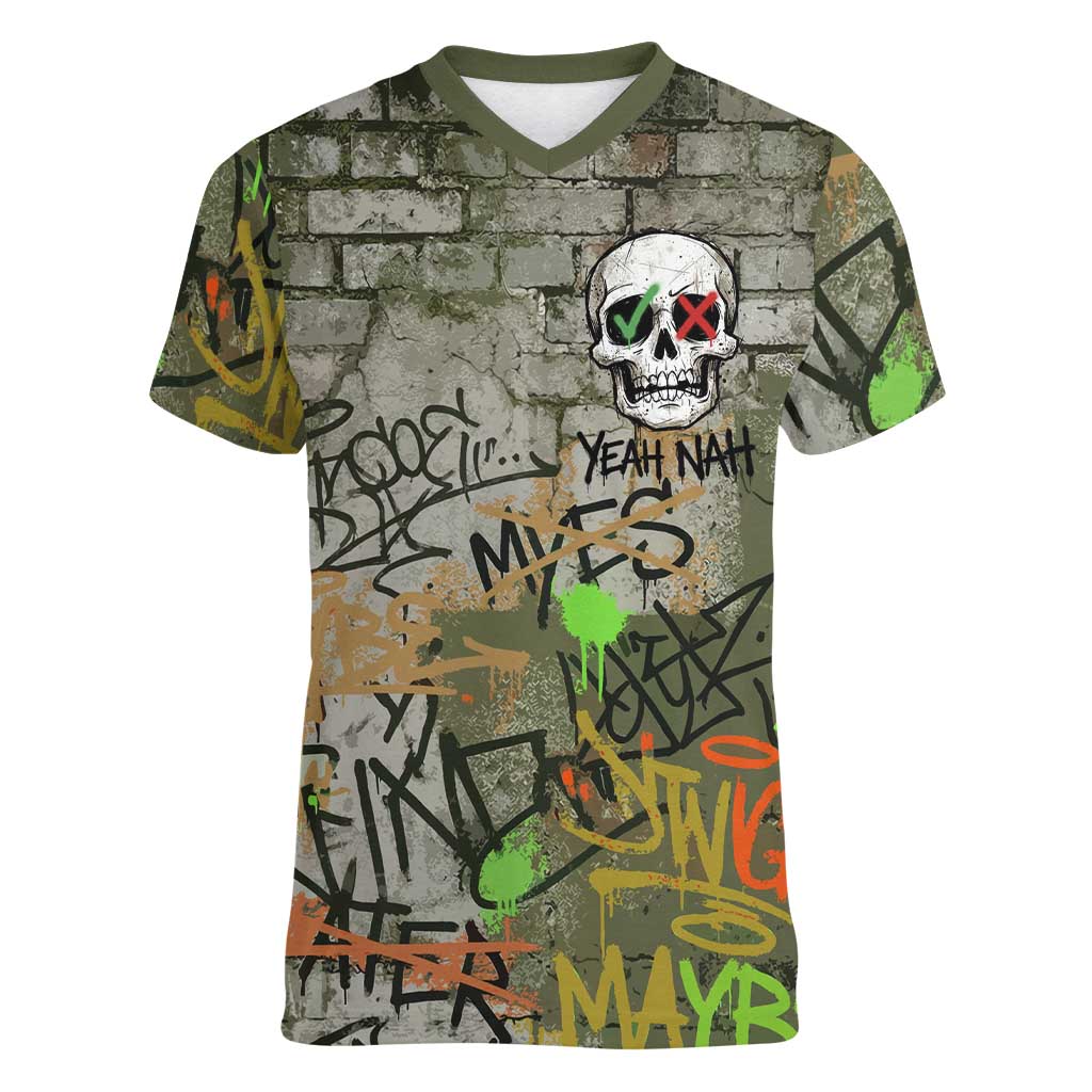 Yeah Nah Graffiti Skull New Zealand Slang Women V-Neck T-Shirt Kiwi Grunge Brick Wall and Bold Urban Street Art