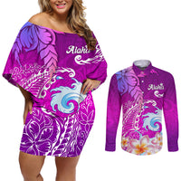 Hawaii Plumeria Flower Couples Matching Off Shoulder Short Dress and Long Sleeve Button Shirts Plumeria FLowers And Polynesian Pattern TS04 Gradient - Polynesian Pride