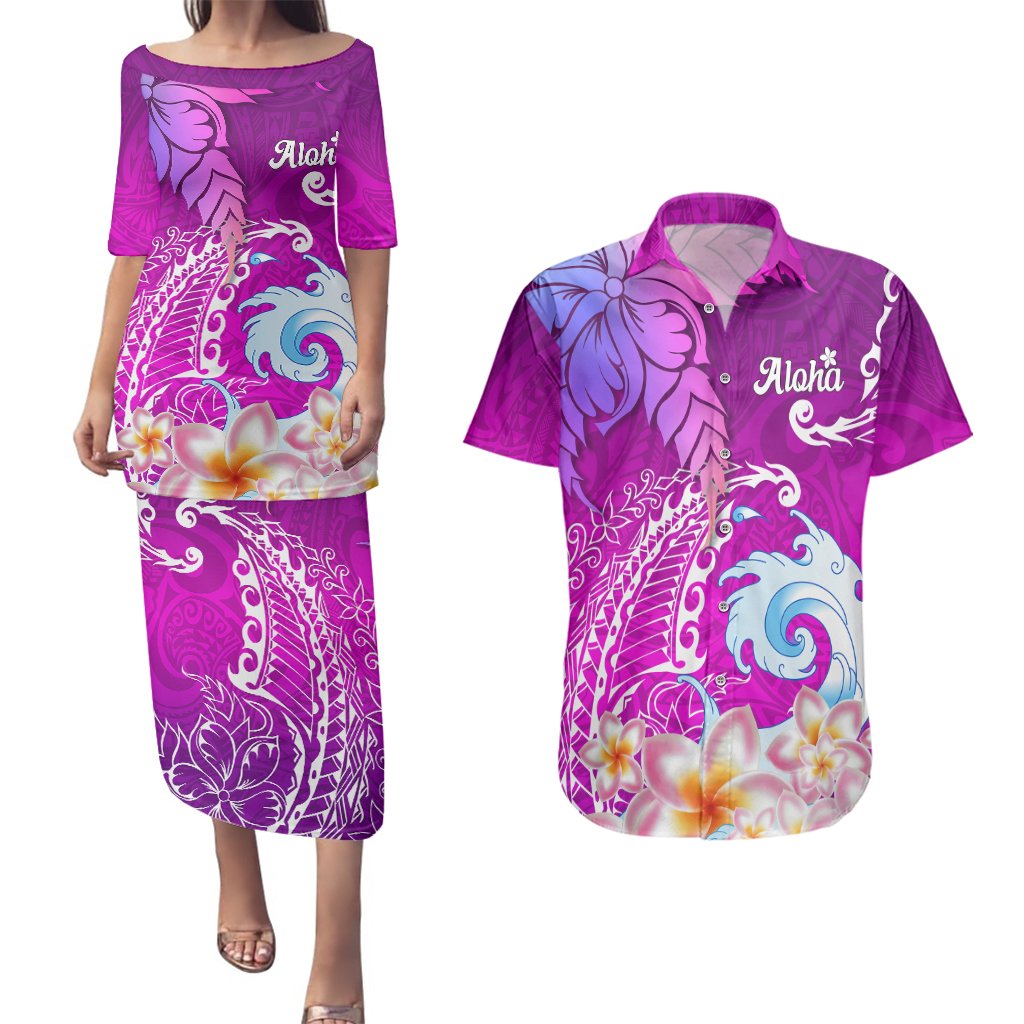 Hawaii Plumeria Flower Couples Matching Puletasi Dress and Hawaiian Shirt Plumeria FLowers And Polynesian Pattern TS04 Gradient - Polynesian Pride