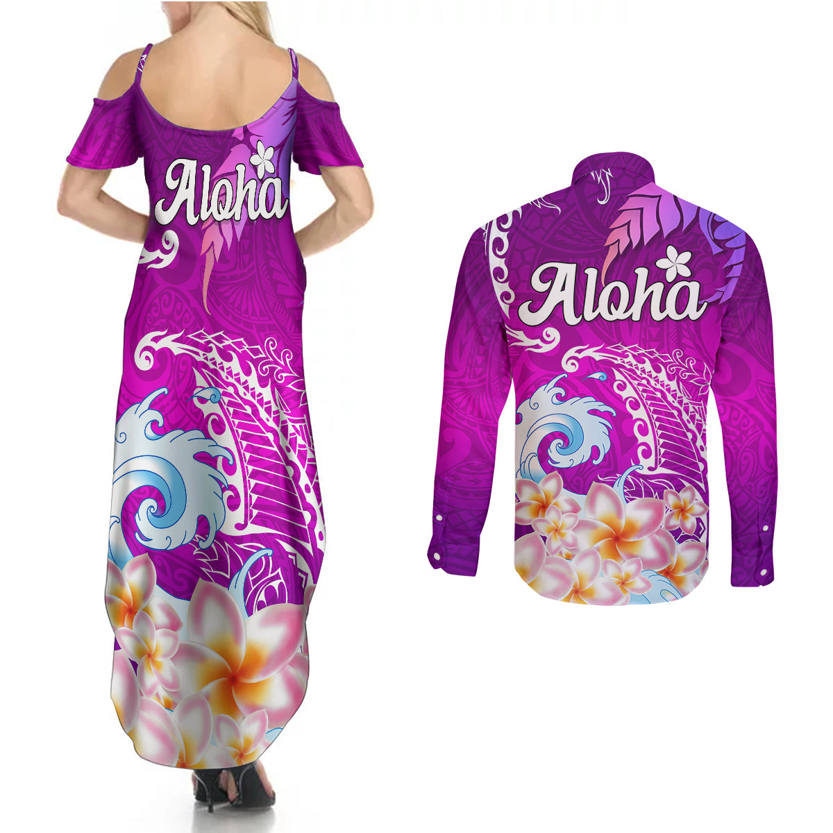 Hawaii Plumeria Flower Couples Matching Summer Maxi Dress and Long Sleeve Button Shirts Plumeria FLowers And Polynesian Pattern TS04 - Polynesian Pride