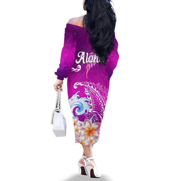Plumeria Polynesian Off Shoulder Long Sleeves Dress Trending Purple LT6