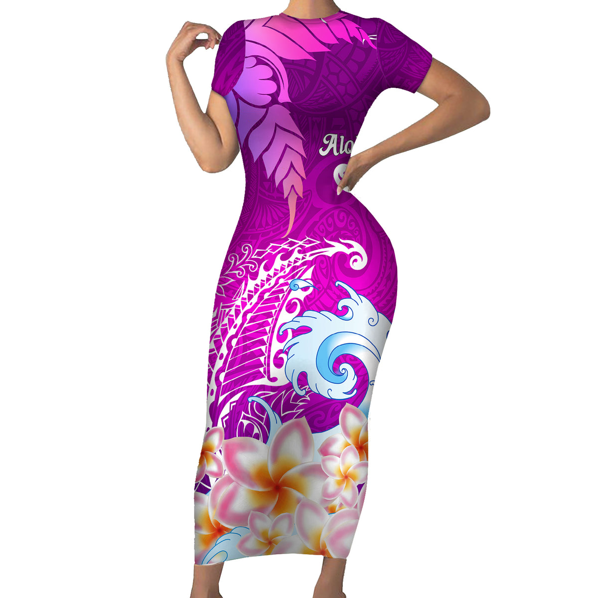 Hawaii Plumeria Flower Short Sleeve Bodycon Dress Plumeria FLowers And Polynesian Pattern TS04 Long Dress Gradient - Polynesian Pride