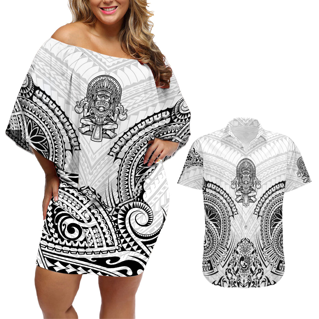 Hawaii Polynesian Couples Matching Off Shoulder Short Dress and Hawaiian Shirt Warrior symbol TS04 White - Polynesian Pride