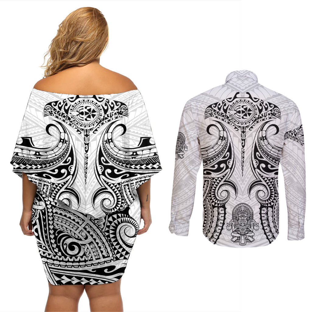 Hawaii Polynesian Couples Matching Off Shoulder Short Dress and Long Sleeve Button Shirts Warrior symbol TS04 - Polynesian Pride