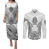 Hawaii Polynesian Couples Matching Puletasi Dress and Long Sleeve Button Shirts Warrior symbol TS04 White - Polynesian Pride