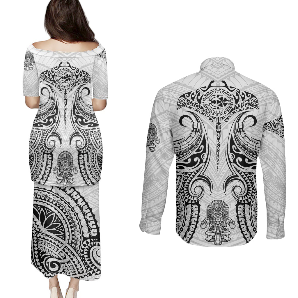 Hawaii Polynesian Couples Matching Puletasi Dress and Long Sleeve Button Shirts Warrior symbol TS04 - Polynesian Pride