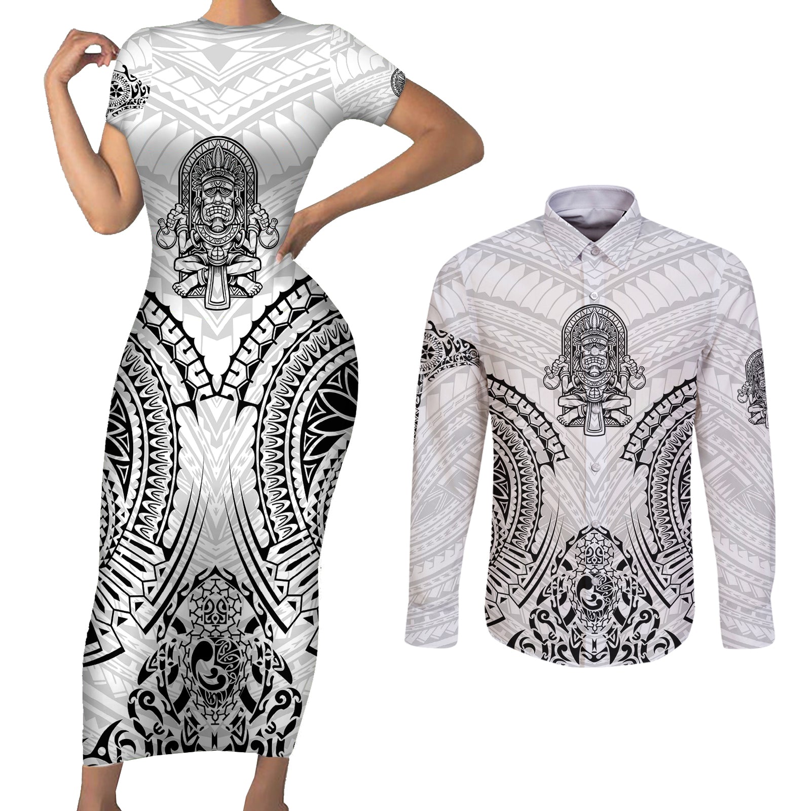 Hawaii Polynesian Couples Matching Short Sleeve Bodycon Dress and Long Sleeve Button Shirts Warrior symbol TS04 White - Polynesian Pride