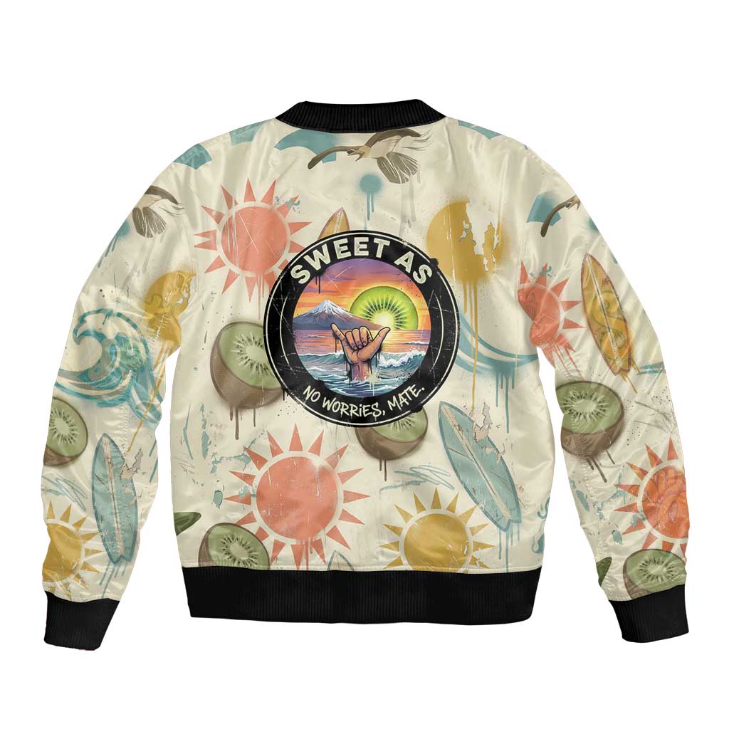 NZ Slang Sweet As Kiwi Shaka Sign Bomber Jacket New Zealand Surfboards Sun and Tropical Beach Retro