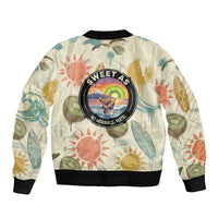 NZ Slang Sweet As Kiwi Shaka Sign Bomber Jacket New Zealand Surfboards Sun and Tropical Beach Retro