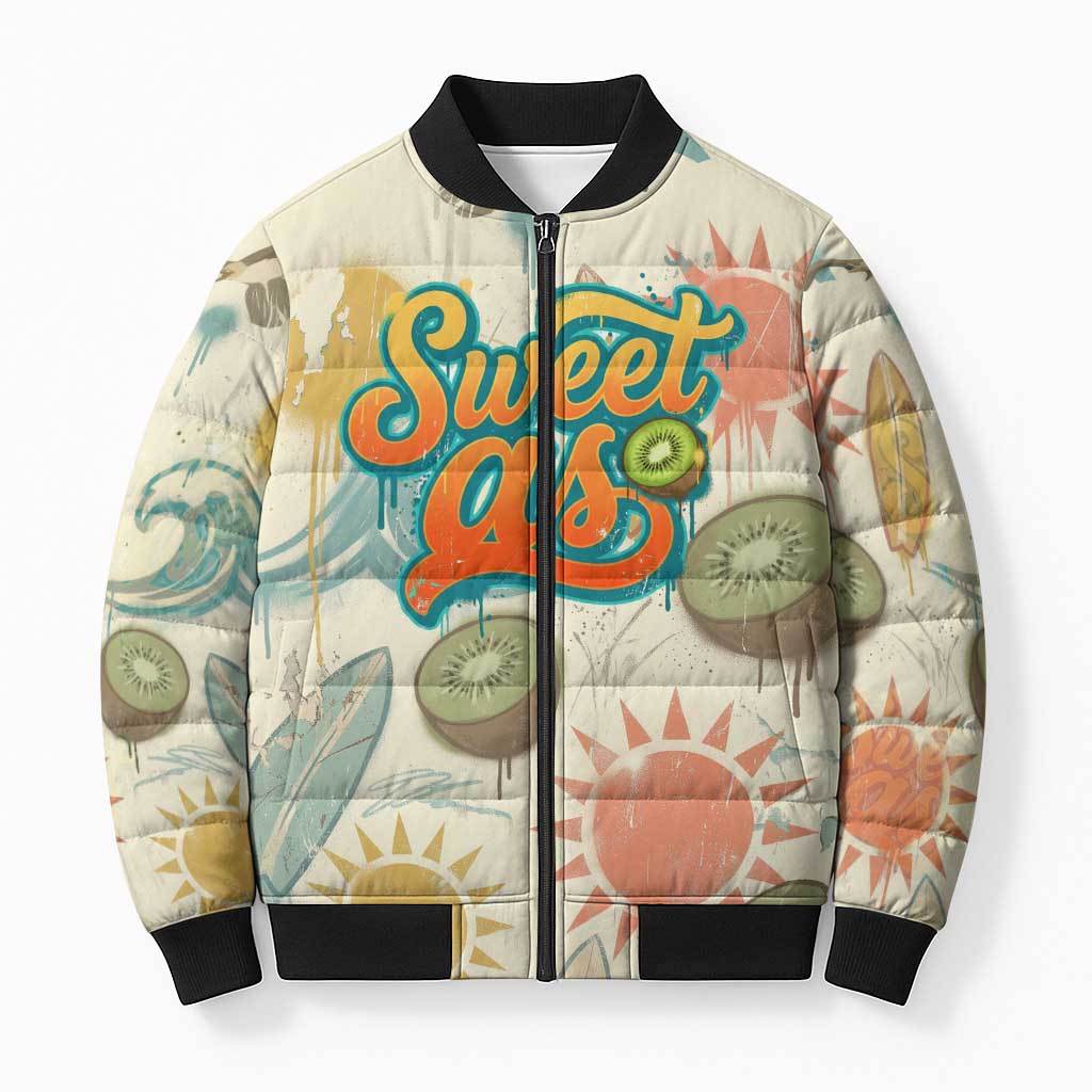 NZ Slang Sweet As Kiwi Shaka Sign Bomber Puffer Jacket New Zealand Surfboards Sun and Tropical Beach Retro