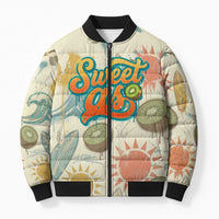 NZ Slang Sweet As Kiwi Shaka Sign Bomber Puffer Jacket New Zealand Surfboards Sun and Tropical Beach Retro