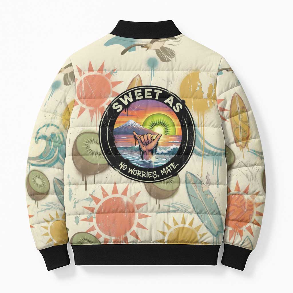 NZ Slang Sweet As Kiwi Shaka Sign Bomber Puffer Jacket New Zealand Surfboards Sun and Tropical Beach Retro