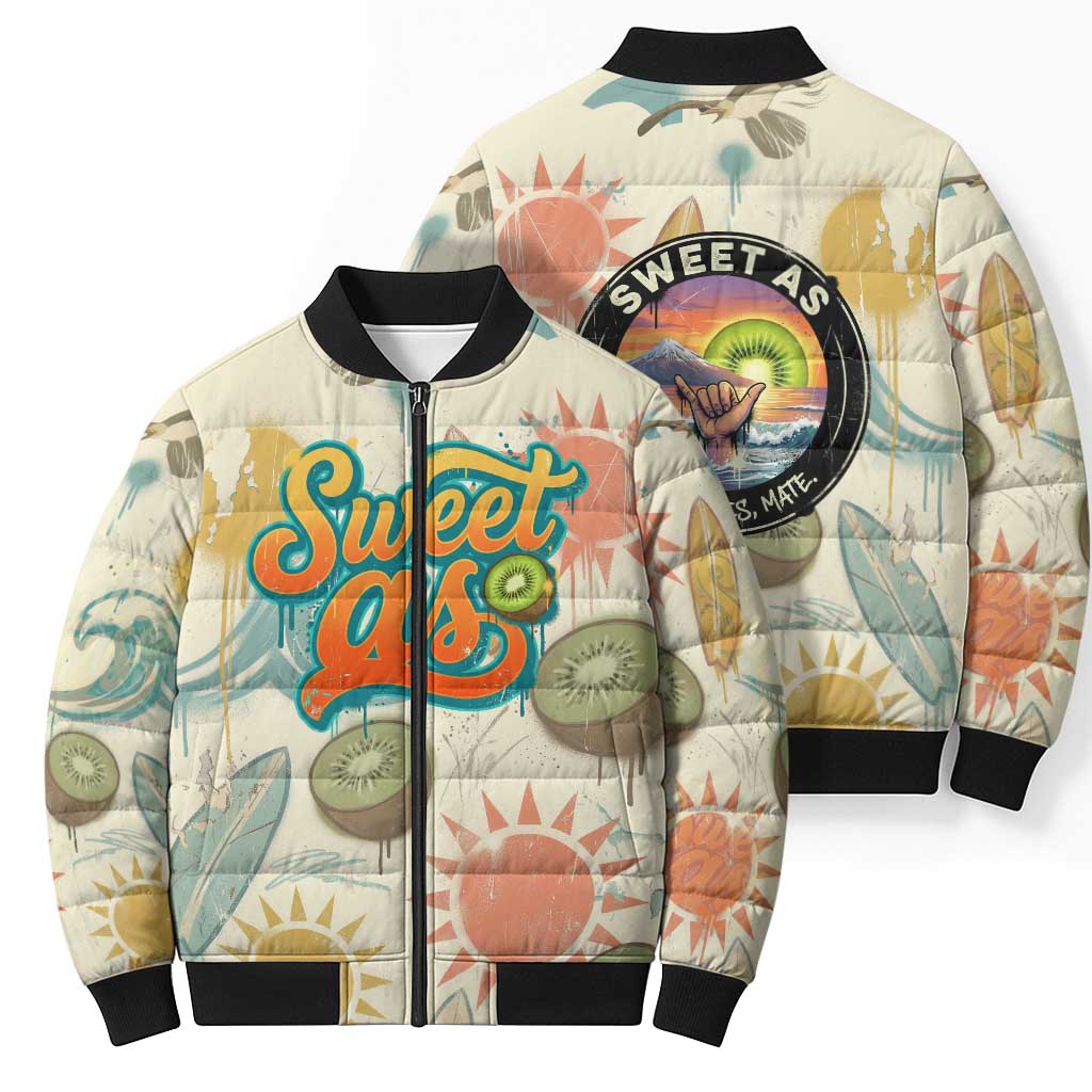 NZ Slang Sweet As Kiwi Shaka Sign Bomber Puffer Jacket New Zealand Surfboards Sun and Tropical Beach Retro