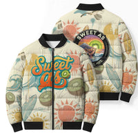 NZ Slang Sweet As Kiwi Shaka Sign Bomber Puffer Jacket New Zealand Surfboards Sun and Tropical Beach Retro