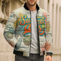 NZ Slang Sweet As Kiwi Shaka Sign Bomber Puffer Jacket New Zealand Surfboards Sun and Tropical Beach Retro