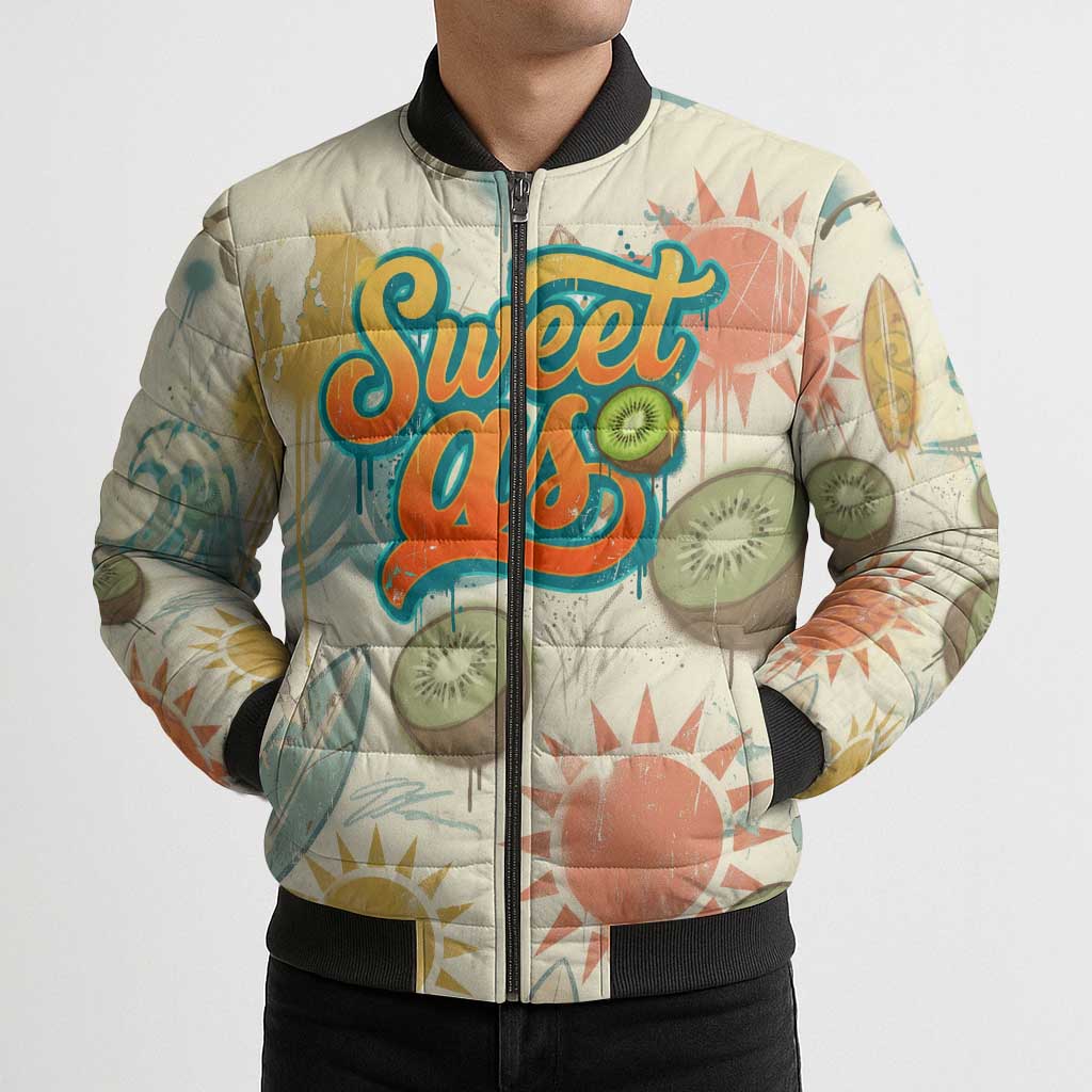 NZ Slang Sweet As Kiwi Shaka Sign Bomber Puffer Jacket New Zealand Surfboards Sun and Tropical Beach Retro