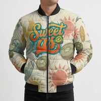 NZ Slang Sweet As Kiwi Shaka Sign Bomber Puffer Jacket New Zealand Surfboards Sun and Tropical Beach Retro