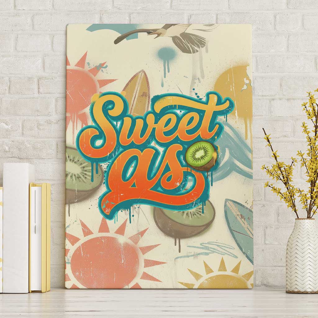 NZ Slang Sweet As Kiwi Shaka Sign Canvas Wall Art New Zealand Surfboards Sun and Tropical Beach Retro