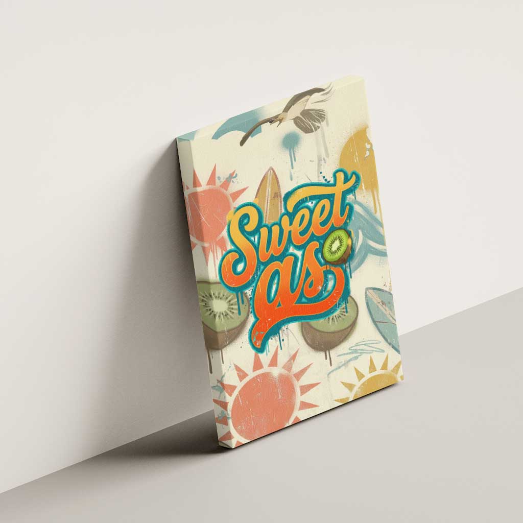 NZ Slang Sweet As Kiwi Shaka Sign Canvas Wall Art New Zealand Surfboards Sun and Tropical Beach Retro