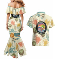 NZ Slang Sweet As Kiwi Shaka Sign Couples Matching Mermaid Dress and Hawaiian Shirt New Zealand Surfboards Sun and Tropical Beach Retro