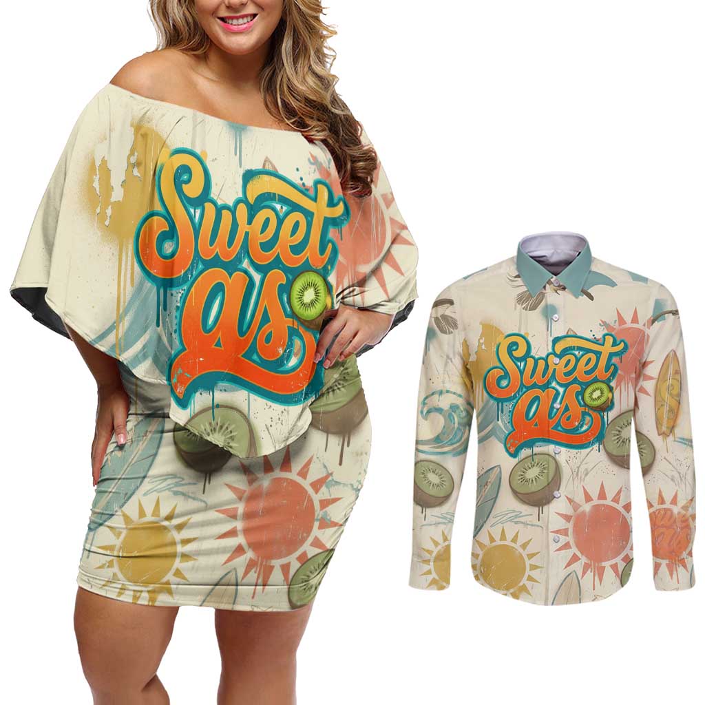 NZ Slang Sweet As Kiwi Shaka Sign Couples Matching Off Shoulder Short Dress and Long Sleeve Button Shirt New Zealand Surfboards Sun and Tropical Beach Retro