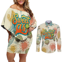 NZ Slang Sweet As Kiwi Shaka Sign Couples Matching Off Shoulder Short Dress and Long Sleeve Button Shirt New Zealand Surfboards Sun and Tropical Beach Retro