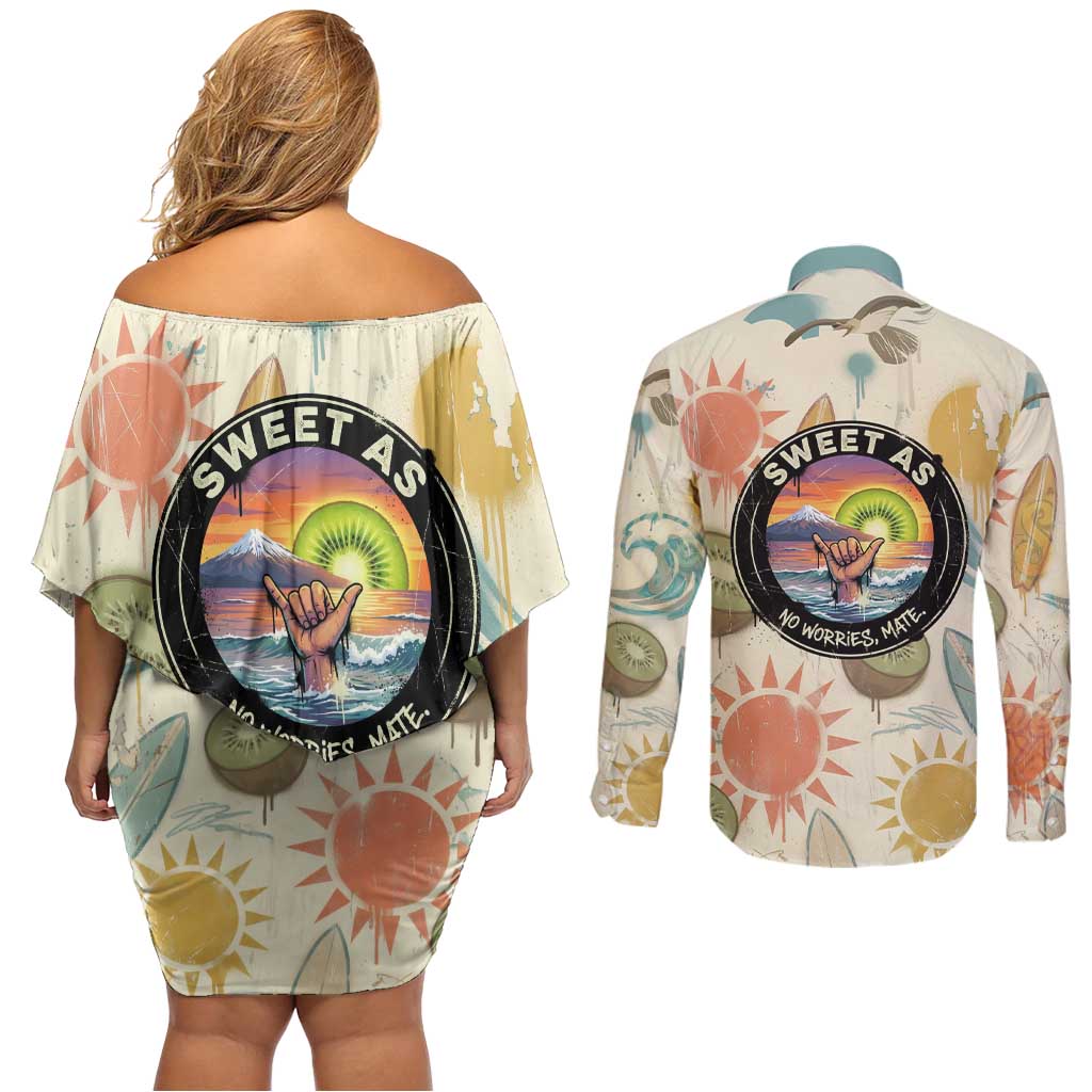 NZ Slang Sweet As Kiwi Shaka Sign Couples Matching Off Shoulder Short Dress and Long Sleeve Button Shirt New Zealand Surfboards Sun and Tropical Beach Retro