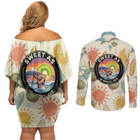 NZ Slang Sweet As Kiwi Shaka Sign Couples Matching Off Shoulder Short Dress and Long Sleeve Button Shirt New Zealand Surfboards Sun and Tropical Beach Retro