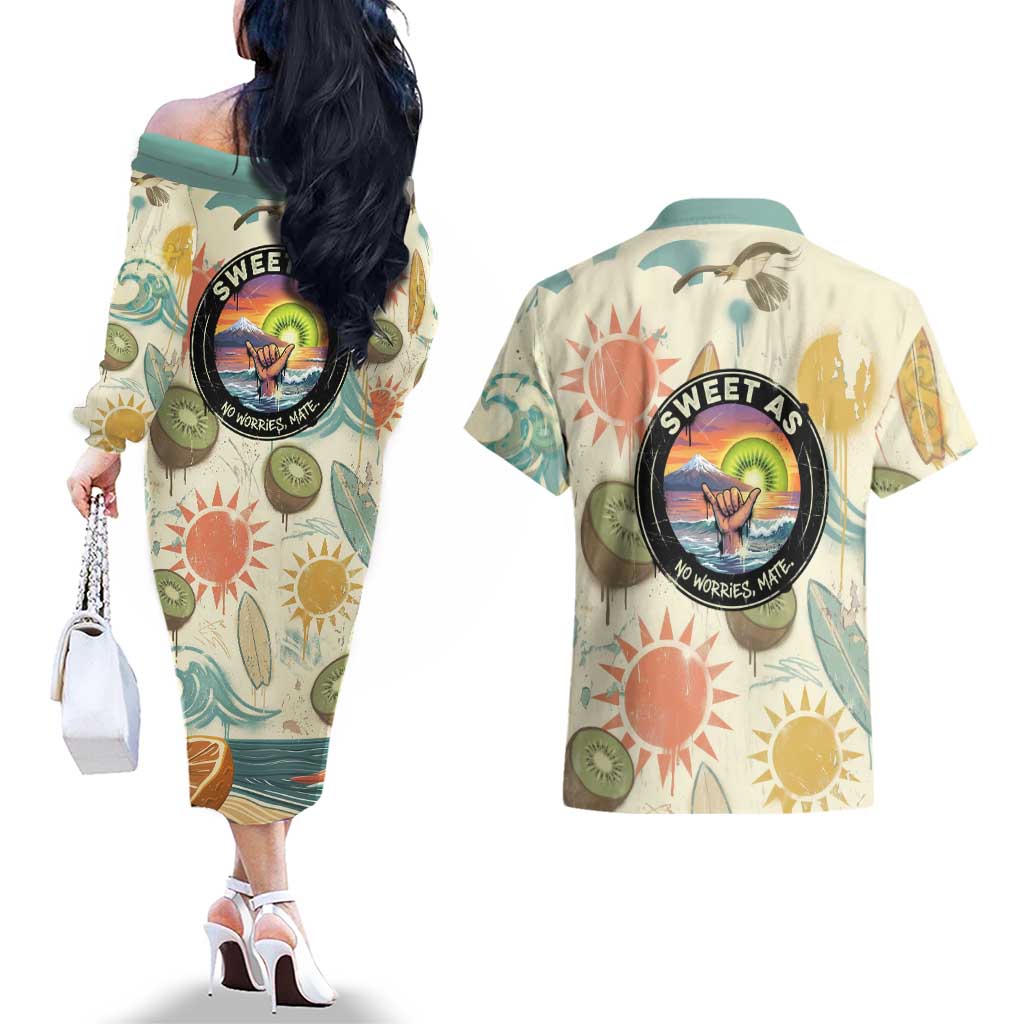 NZ Slang Sweet As Kiwi Shaka Sign Couples Matching Off The Shoulder Long Sleeve Dress and Hawaiian Shirt New Zealand Surfboards Sun and Tropical Beach Retro