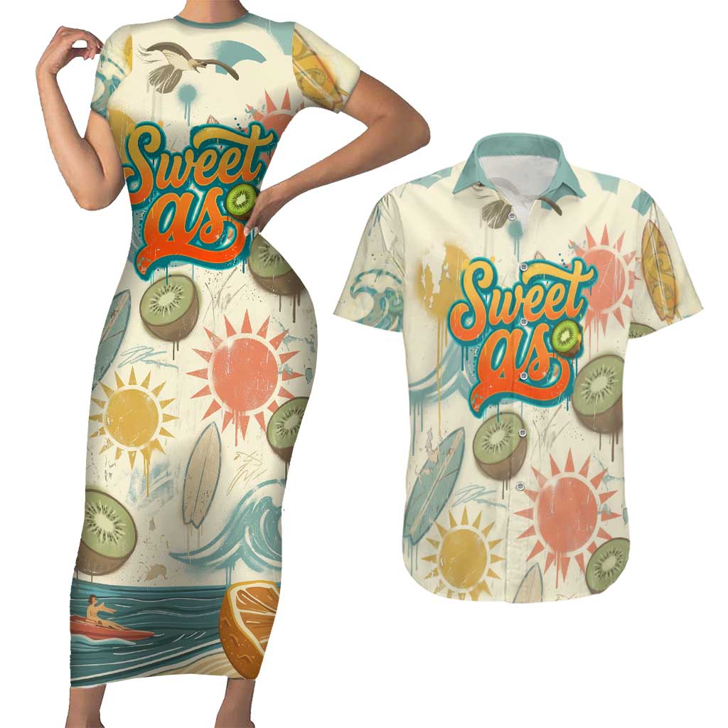 NZ Slang Sweet As Kiwi Shaka Sign Couples Matching Short Sleeve Bodycon Dress and Hawaiian Shirt New Zealand Surfboards Sun and Tropical Beach Retro
