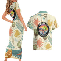 NZ Slang Sweet As Kiwi Shaka Sign Couples Matching Short Sleeve Bodycon Dress and Hawaiian Shirt New Zealand Surfboards Sun and Tropical Beach Retro