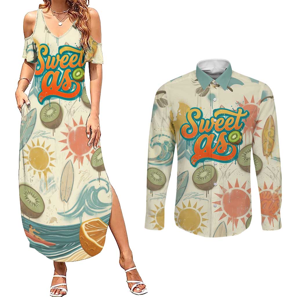 NZ Slang Sweet As Kiwi Shaka Sign Couples Matching Summer Maxi Dress and Long Sleeve Button Shirt New Zealand Surfboards Sun and Tropical Beach Retro