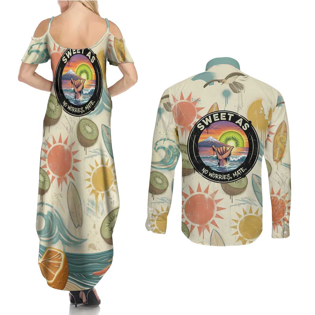 NZ Slang Sweet As Kiwi Shaka Sign Couples Matching Summer Maxi Dress and Long Sleeve Button Shirt New Zealand Surfboards Sun and Tropical Beach Retro