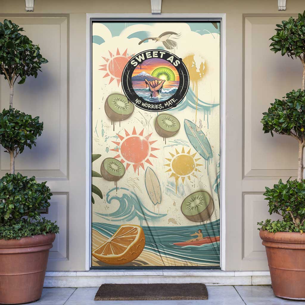 NZ Slang Sweet As Kiwi Shaka Sign Door Cover New Zealand Surfboards Sun and Tropical Beach Retro