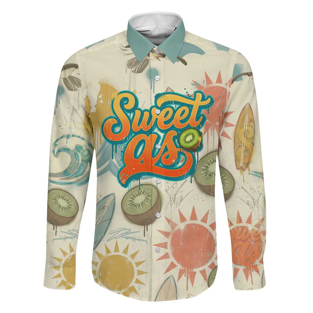 NZ Slang Sweet As Kiwi Shaka Sign Family Matching Off Shoulder Maxi Dress and Hawaiian Shirt New Zealand Surfboards Sun and Tropical Beach Retro TS04 Dad's Shirt - Long Sleeve Beige - Polynesian Pride