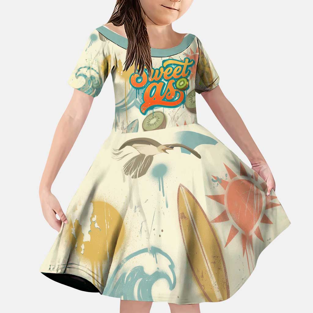 NZ Slang Sweet As Kiwi Shaka Sign Family Matching Off Shoulder Short Dress and Hawaiian Shirt New Zealand Surfboards Sun and Tropical Beach Retro TS04 Daughter's Dress Beige - Polynesian Pride
