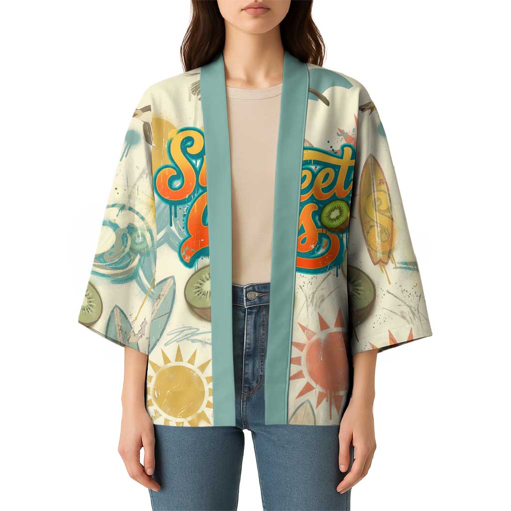 NZ Slang Sweet As Kiwi Shaka Sign Kimono New Zealand Surfboards Sun and Tropical Beach Retro