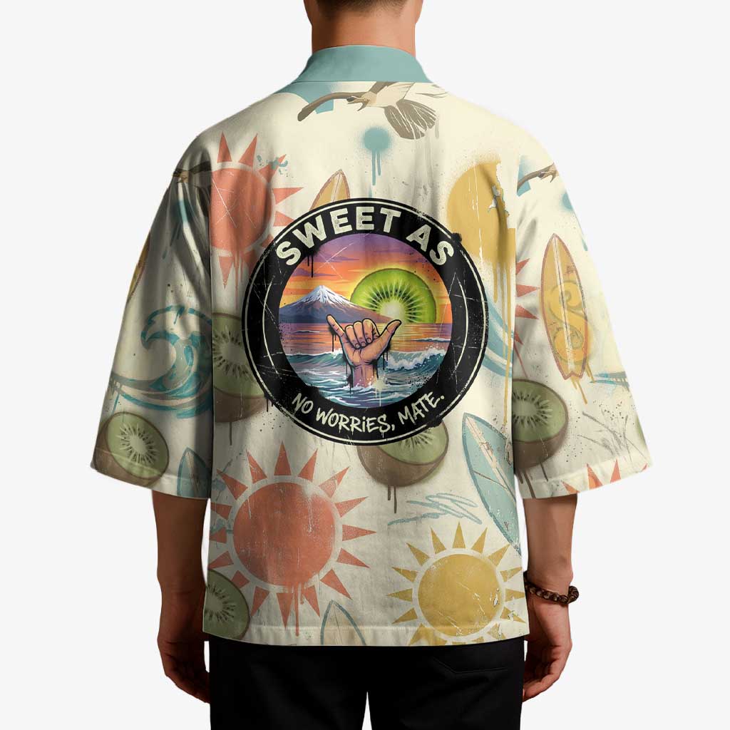 NZ Slang Sweet As Kiwi Shaka Sign Kimono New Zealand Surfboards Sun and Tropical Beach Retro