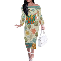 NZ Slang Sweet As Kiwi Shaka Sign Off The Shoulder Long Sleeve Dress New Zealand Surfboards Sun and Tropical Beach Retro