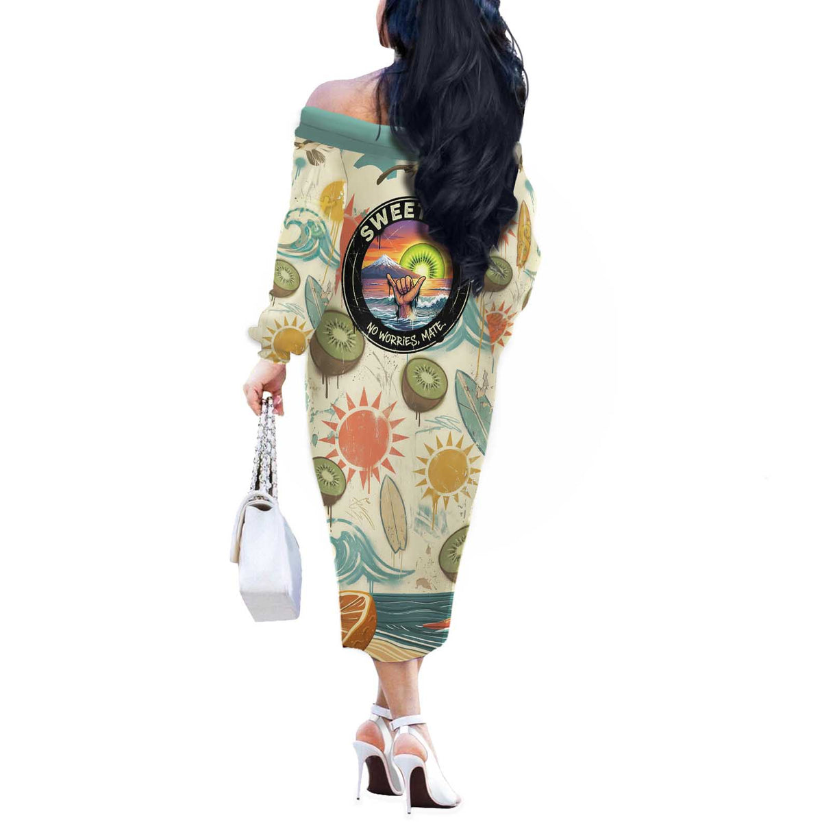 NZ Slang Sweet As Kiwi Shaka Sign Off The Shoulder Long Sleeve Dress New Zealand Surfboards Sun and Tropical Beach Retro