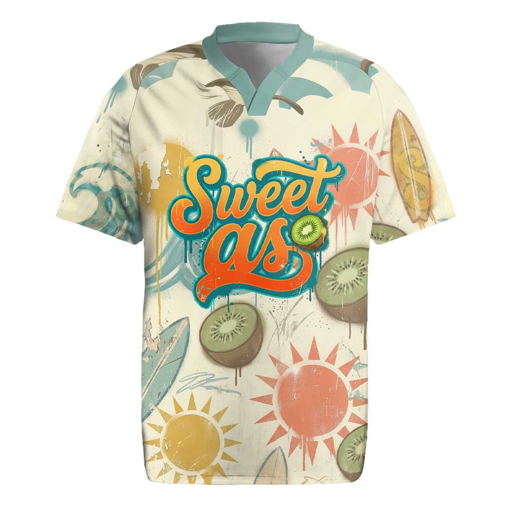 NZ Slang Sweet As Kiwi Shaka Sign Rugby Jersey New Zealand Surfboards Sun and Tropical Beach Retro