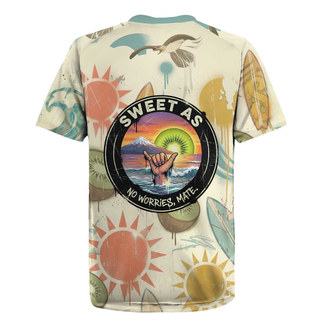 NZ Slang Sweet As Kiwi Shaka Sign Rugby Jersey New Zealand Surfboards Sun and Tropical Beach Retro