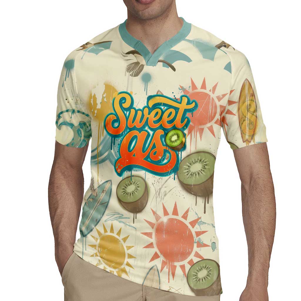 NZ Slang Sweet As Kiwi Shaka Sign Rugby Jersey New Zealand Surfboards Sun and Tropical Beach Retro
