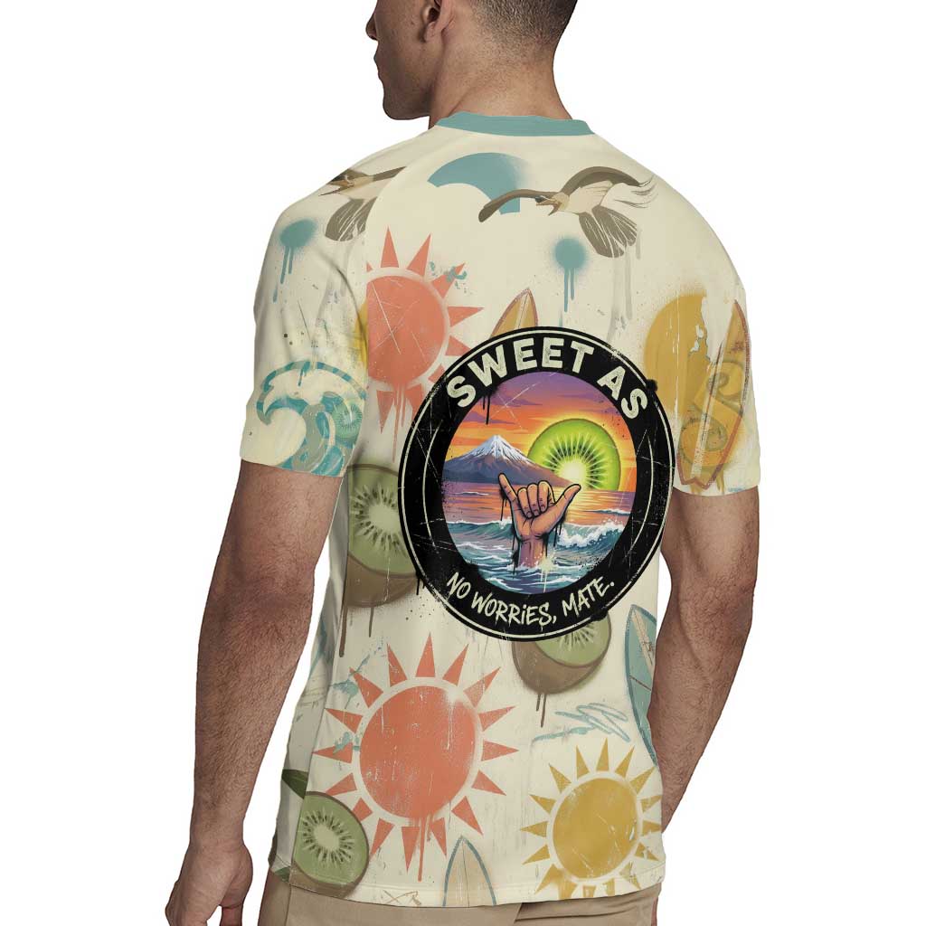 NZ Slang Sweet As Kiwi Shaka Sign Rugby Jersey New Zealand Surfboards Sun and Tropical Beach Retro