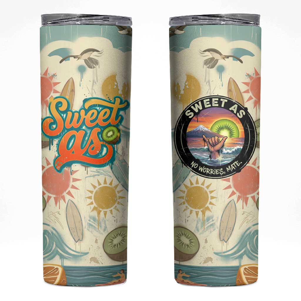 NZ Slang Sweet As Kiwi Shaka Sign Skinny Tumbler New Zealand Surfboards Sun and Tropical Beach Retro TS04 Beige - Polynesian Pride