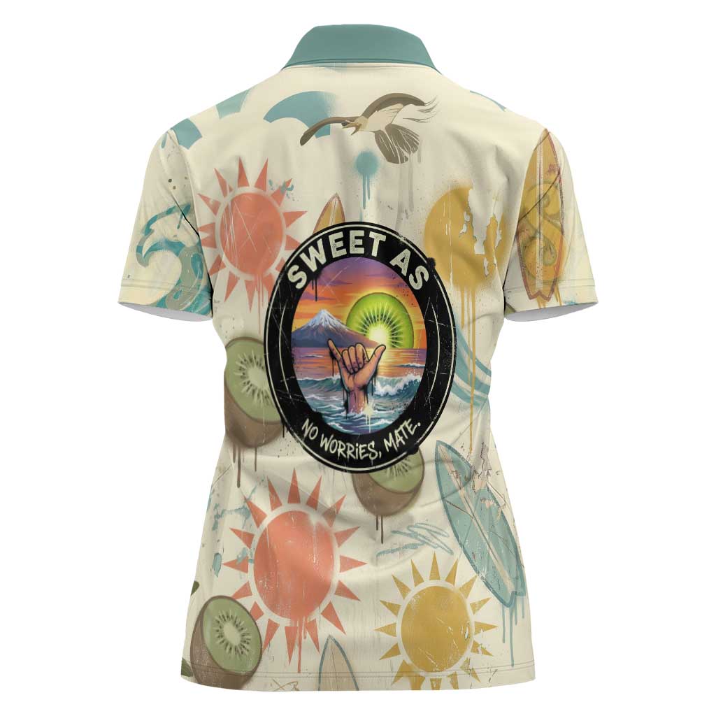 NZ Slang Sweet As Kiwi Shaka Sign Women Polo Shirt New Zealand Surfboards Sun and Tropical Beach Retro