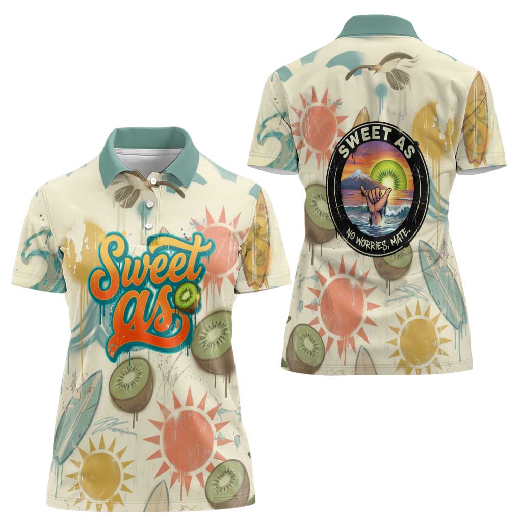 NZ Slang Sweet As Kiwi Shaka Sign Women Polo Shirt New Zealand Surfboards Sun and Tropical Beach Retro