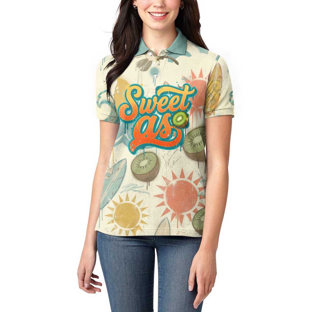 NZ Slang Sweet As Kiwi Shaka Sign Women Polo Shirt New Zealand Surfboards Sun and Tropical Beach Retro
