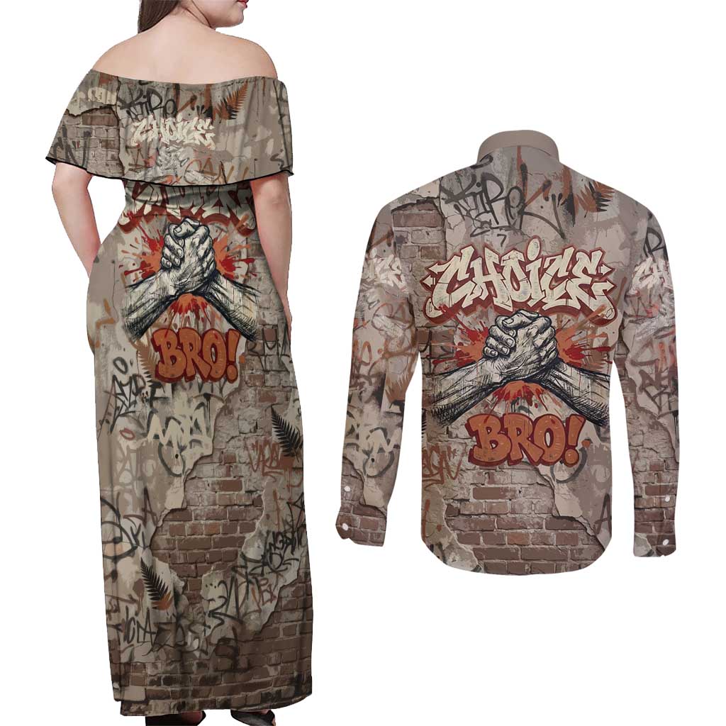 Choice Bro Graffiti Handshake Couples Matching Off Shoulder Maxi Dress and Long Sleeve Button Shirt New Zealand Slang Fern Brick Wall and Urban Street Art