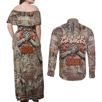 Choice Bro Graffiti Handshake Couples Matching Off Shoulder Maxi Dress and Long Sleeve Button Shirt New Zealand Slang Fern Brick Wall and Urban Street Art